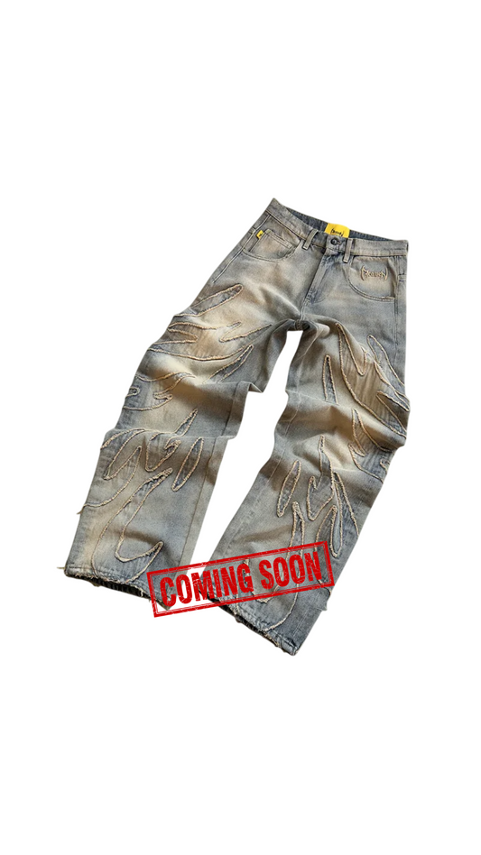 "fire" faded blue jean denim