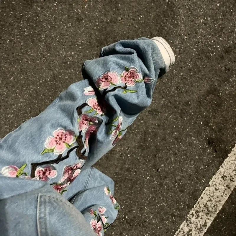 "flowers" blue denim jean