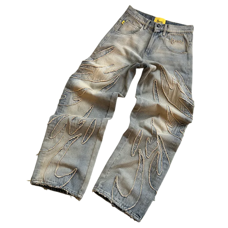 "fire" faded blue jean denim