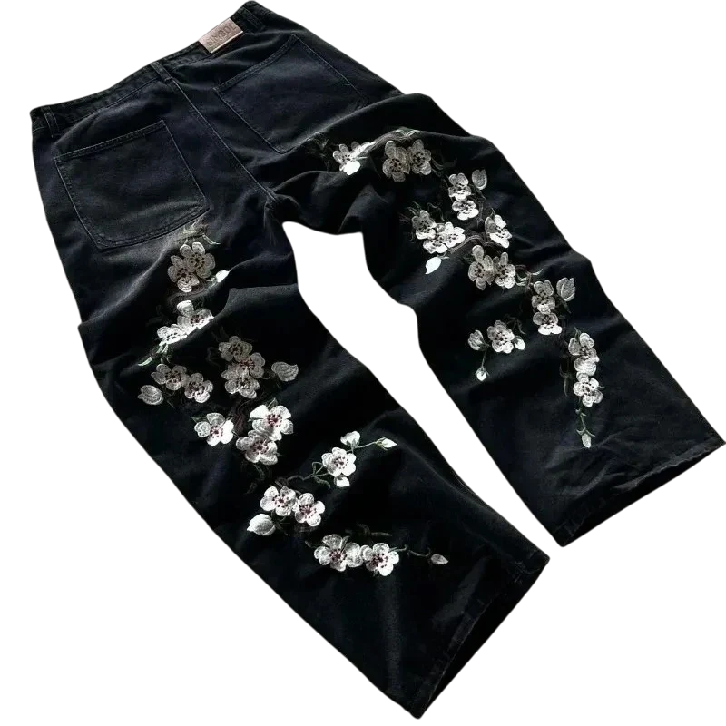 "flowers" black denim jeans