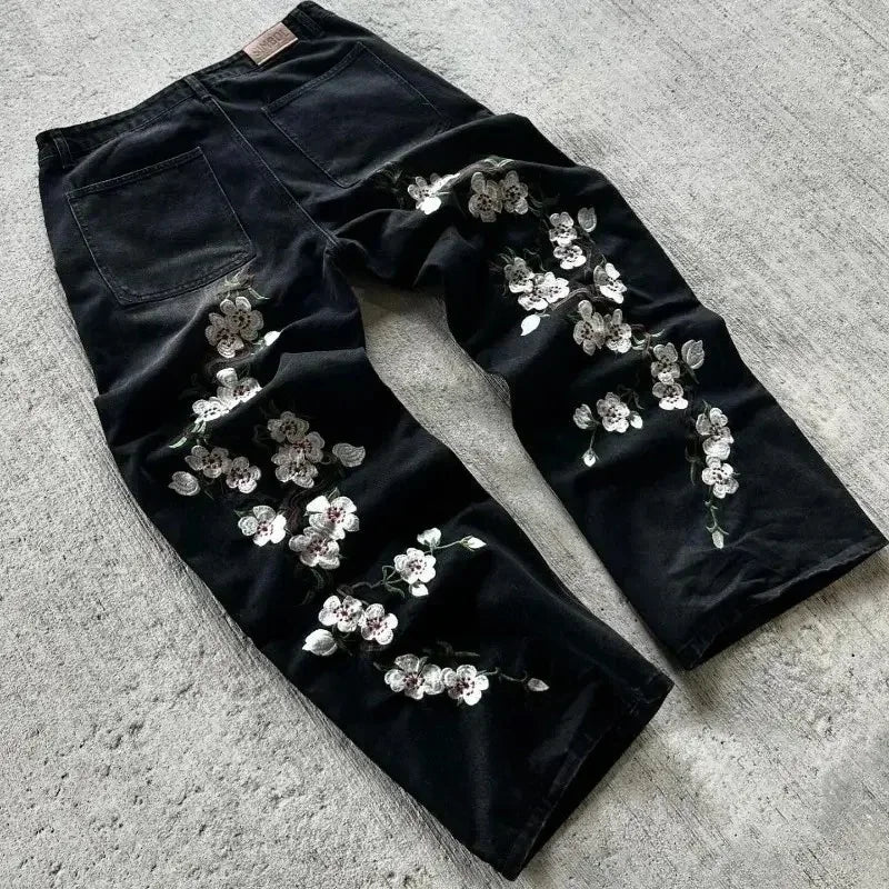 "flowers" black denim jeans