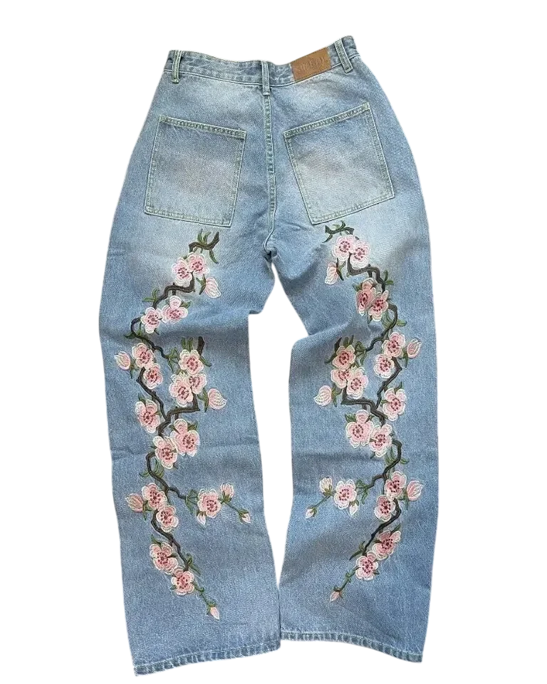 "flowers" blue denim jean