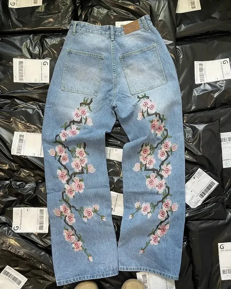 "flowers" blue denim jean